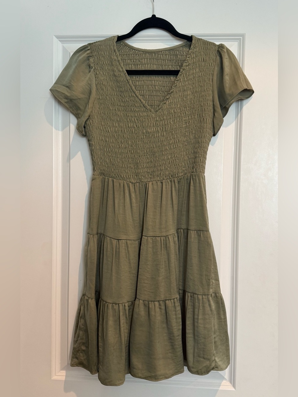 Olive Tiered Smocked Short Sleeve Dress